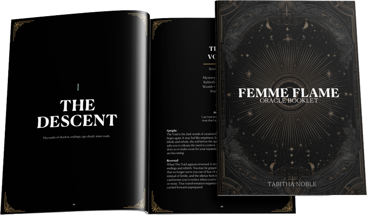 Femme Flame Oracle Booklet by Tabitha Noble, open to The Descent chapter