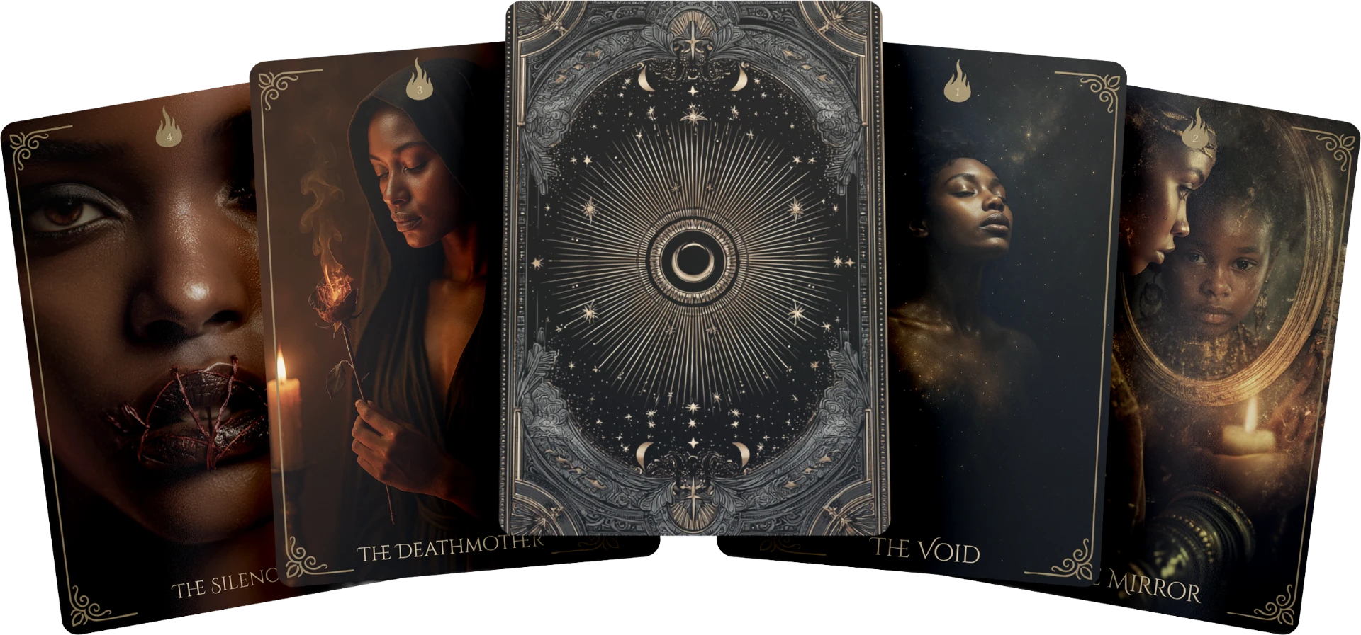 Femme Flame Oracle Deck — five cards fanned out showing The Silence, The Deathmother, The Void, and The Mirror